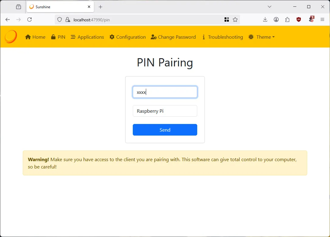 Ghép nối Sunshine với Moonlight bằng cách nhập mã PIN