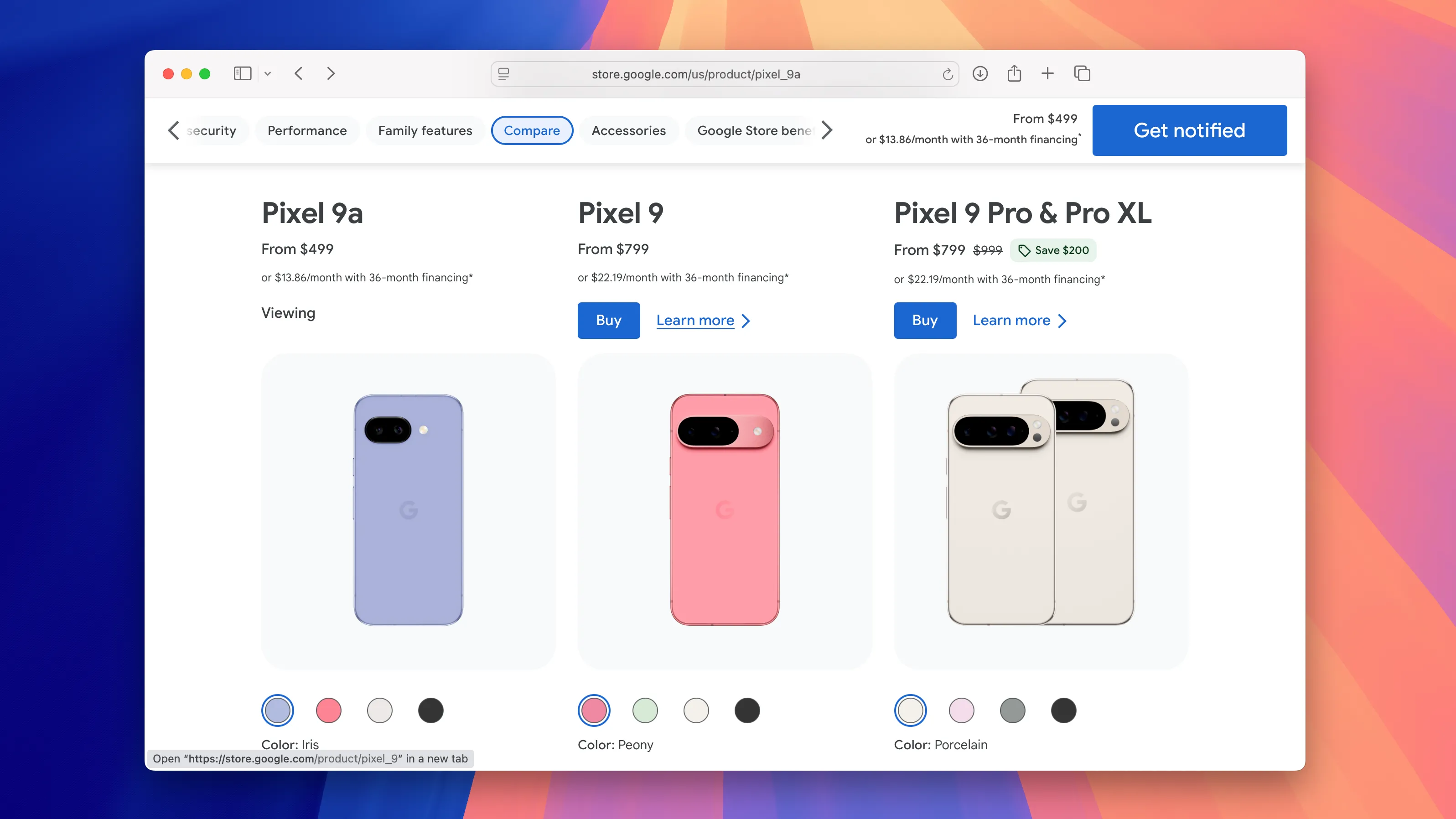 Giá bán của các mẫu điện thoại Google Pixel 9a và dòng Pixel 9 hiển thị trên trình duyệt Safari.