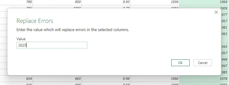 Giá trị &quot;2025&quot; được nhập vào hộp thoại &quot;Replace Errors&quot; trong Power Query Editor để thay thế các giá trị lỗi.