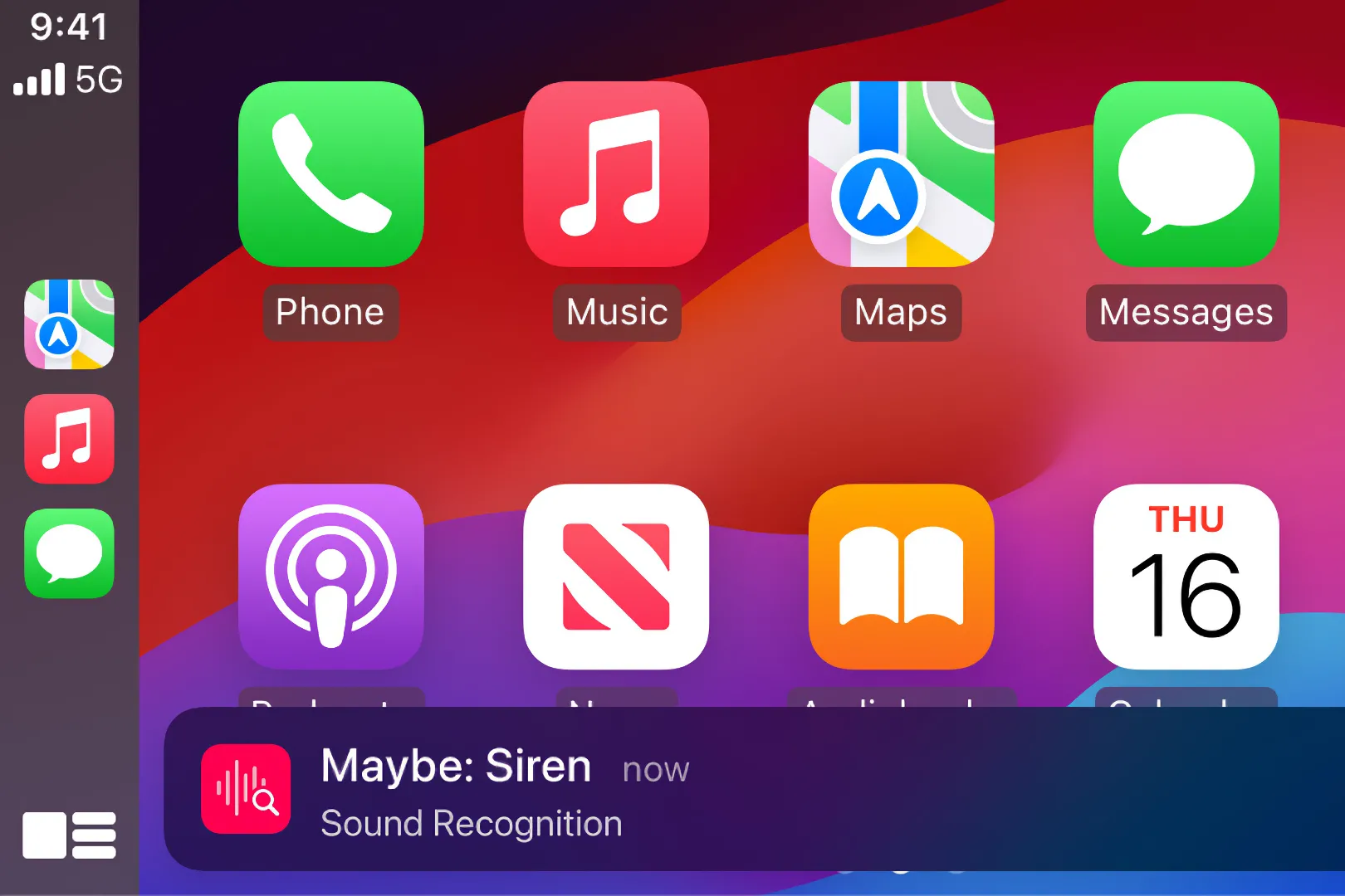 Giao diện Apple CarPlay với một hình nền tùy chỉnh, thể hiện tính năng cá nhân hóa màn hình chính cho người lái.