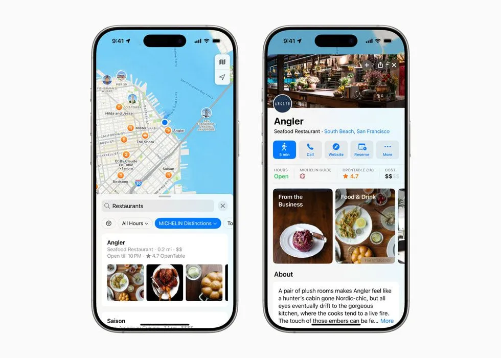 Giao diện Apple Maps hiển thị các nhà hàng được gắn sao Michelin và các xếp hạng chuyên nghiệp nổi bật.