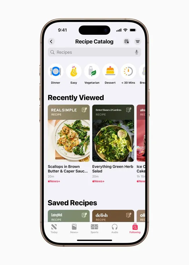 Giao diện Apple News+ Food hiển thị danh mục công thức nấu ăn đa dạng trên iPhone