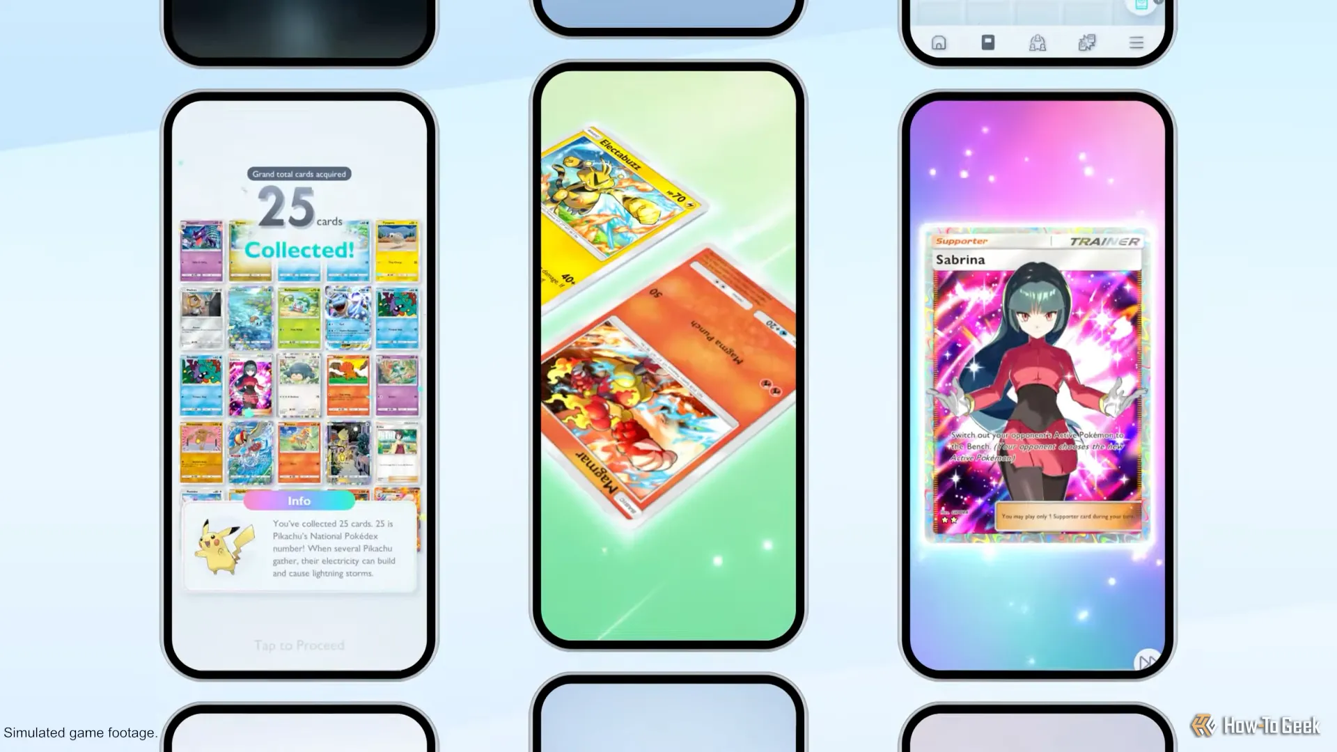 Giao diện bộ sưu tập thẻ bài Pokémon TCG Pocket và thẻ Sabrina full art, thể hiện tính năng sưu tập và giao dịch thẻ độc đáo của trò chơi.