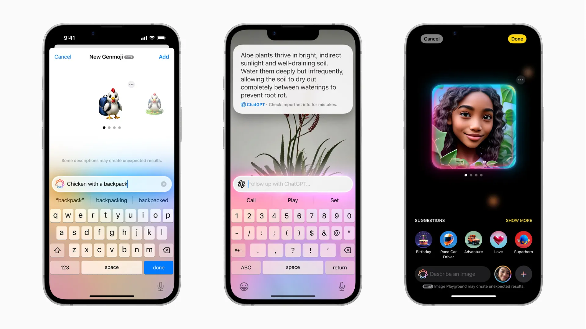 Giao diện các tính năng Apple Intelligence trên iPhone 16e, bao gồm AI tạo văn bản và hình ảnh.