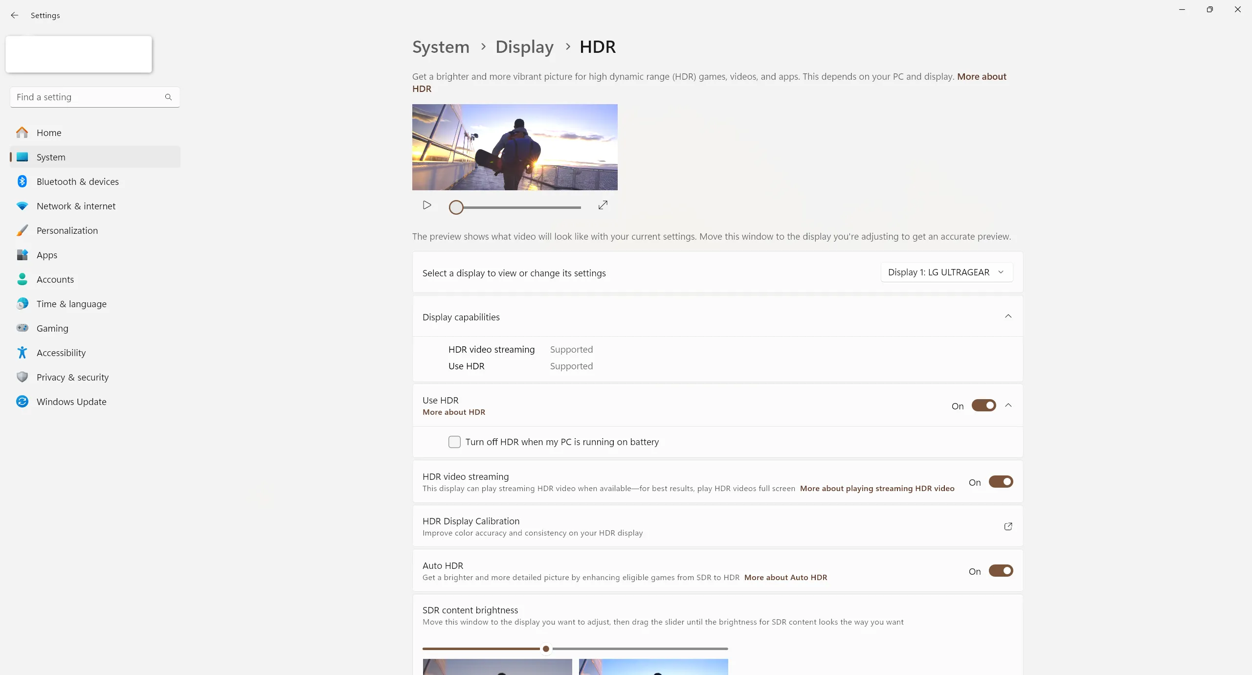 Giao diện cài đặt HDR (High Dynamic Range) trong Windows 11 để tối ưu hiển thị màu sắc