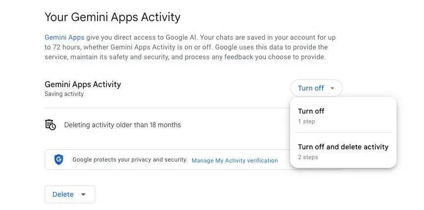 Giao diện cài đặt Hoạt động ứng dụng Gemini của Google, cho phép quản lý việc lưu trữ lịch sử tương tác để bảo vệ quyền riêng tư