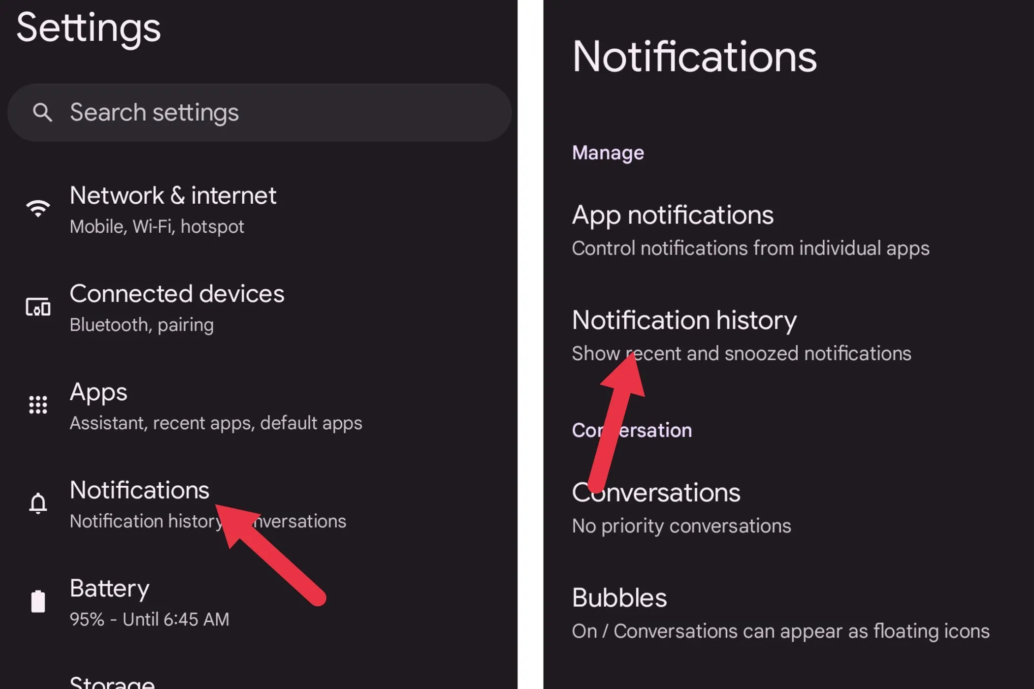 Giao diện cài đặt &quot;Notifications&quot; (Thông báo) để truy cập &quot;Notification History&quot; (Lịch sử thông báo)