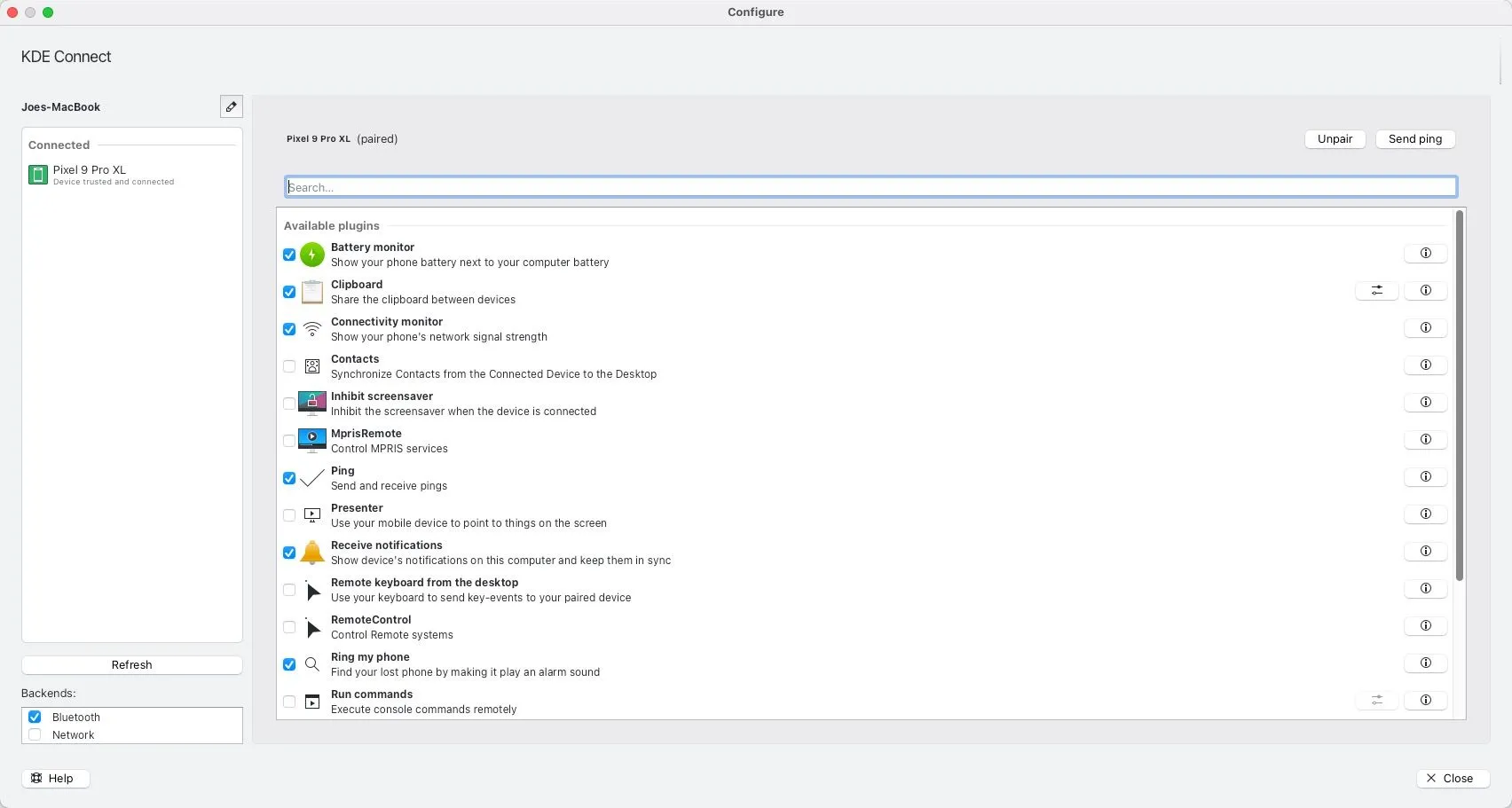 Giao diện cài đặt plugin KDE Connect trên macOS, hiển thị các tùy chọn cấu hình cho tính năng đồng bộ và điều khiển giữa Mac và Android.