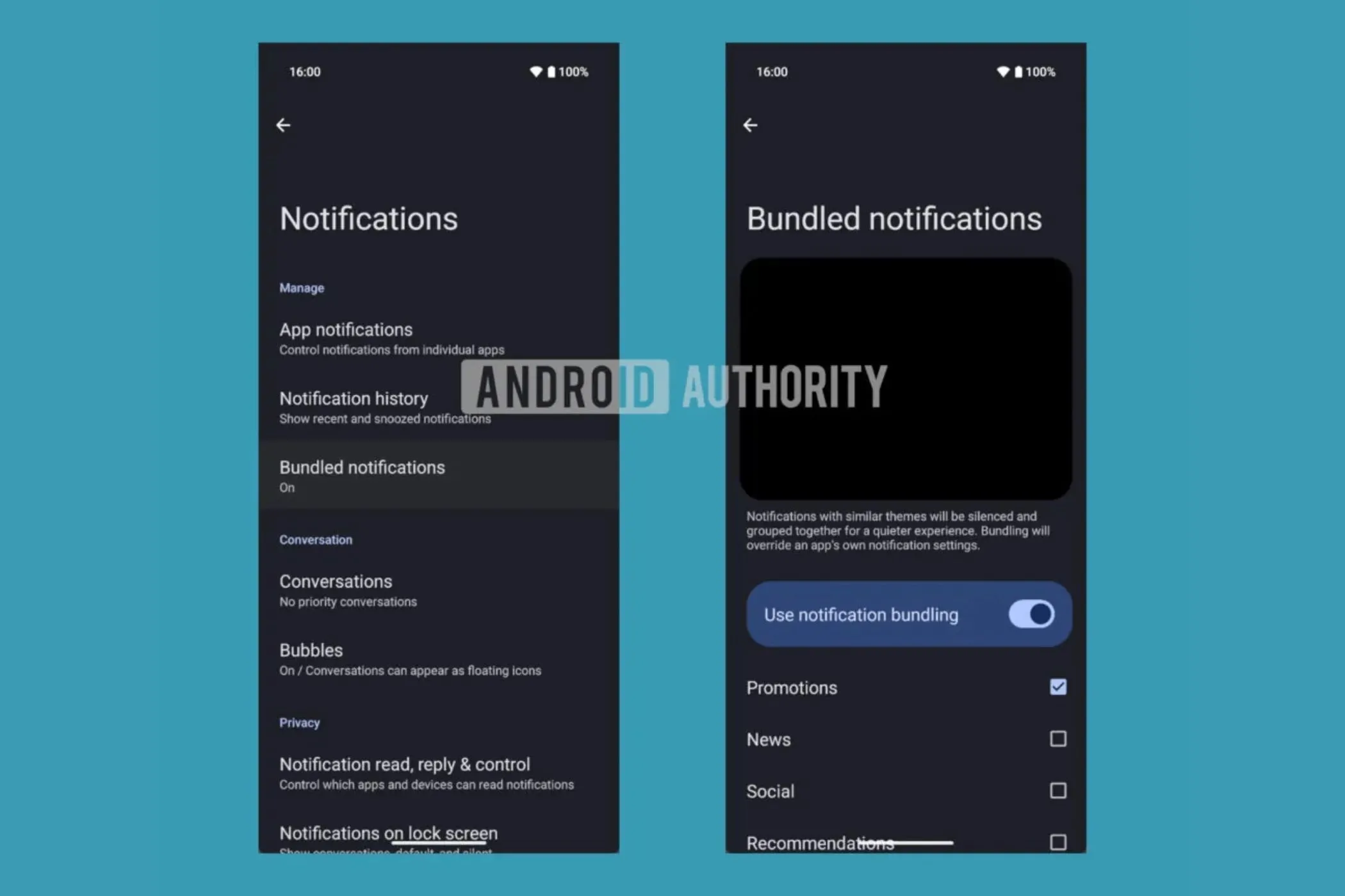Giao diện cài đặt tính năng Bundled Notifications trên Android 16 với các tùy chọn phân loại thông báo