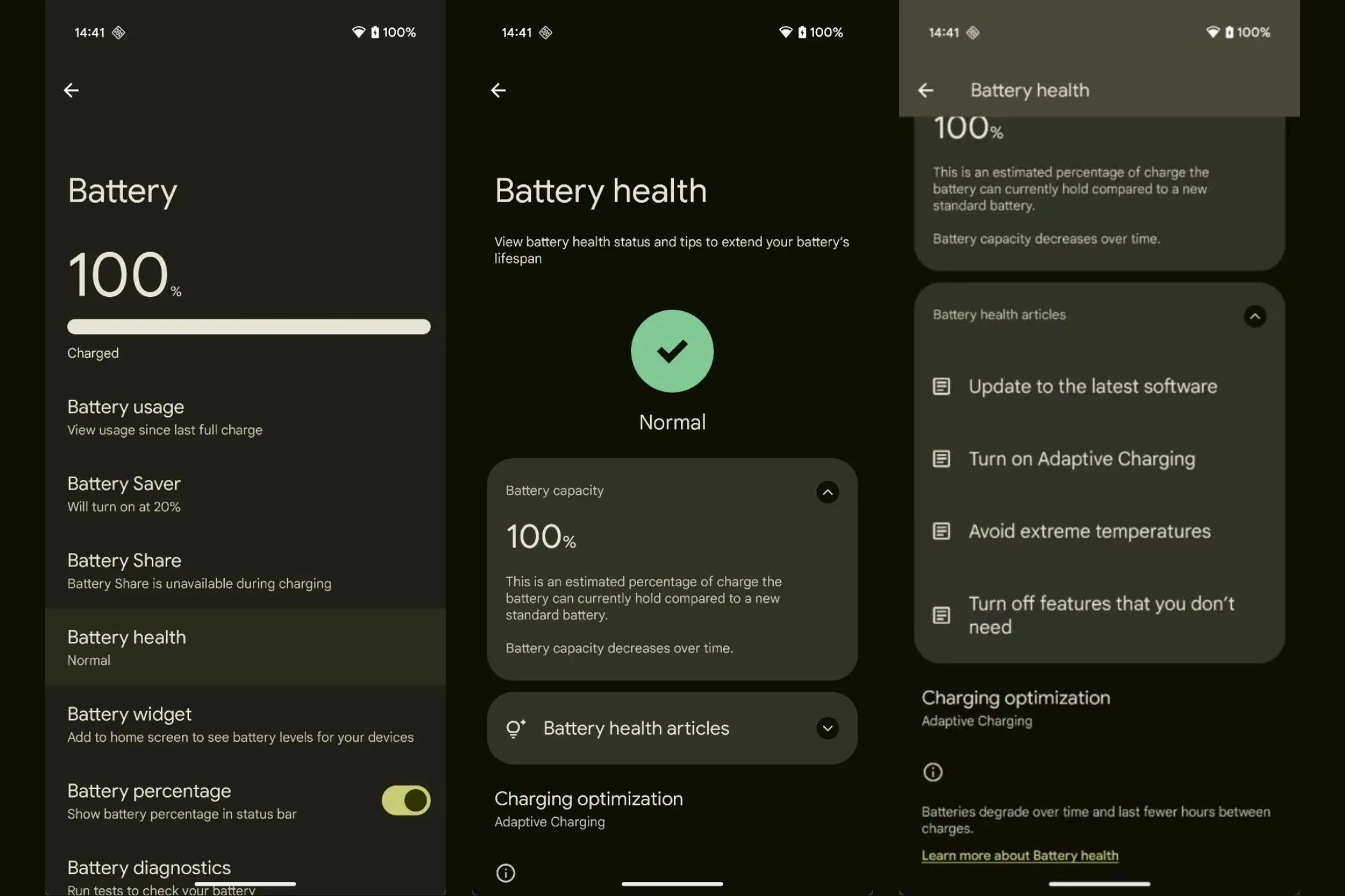 Giao diện cài đặt Tình trạng pin trên điện thoại Google Pixel hiển thị phần trăm dung lượng tối đa và các tùy chọn tối ưu hóa pin trong Android 16 Beta 3.