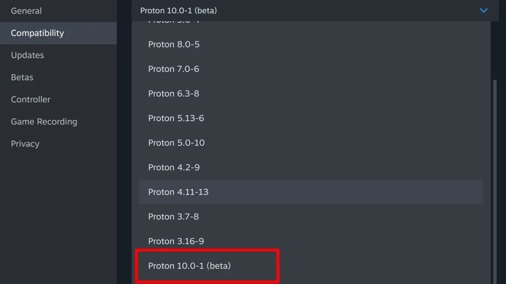 Giao diện cài đặt tương thích trên Steam, hiển thị danh sách các phiên bản Proton với tùy chọn Proton 10.0-1 (beta) được chọn, hướng dẫn cài đặt Proton Beta