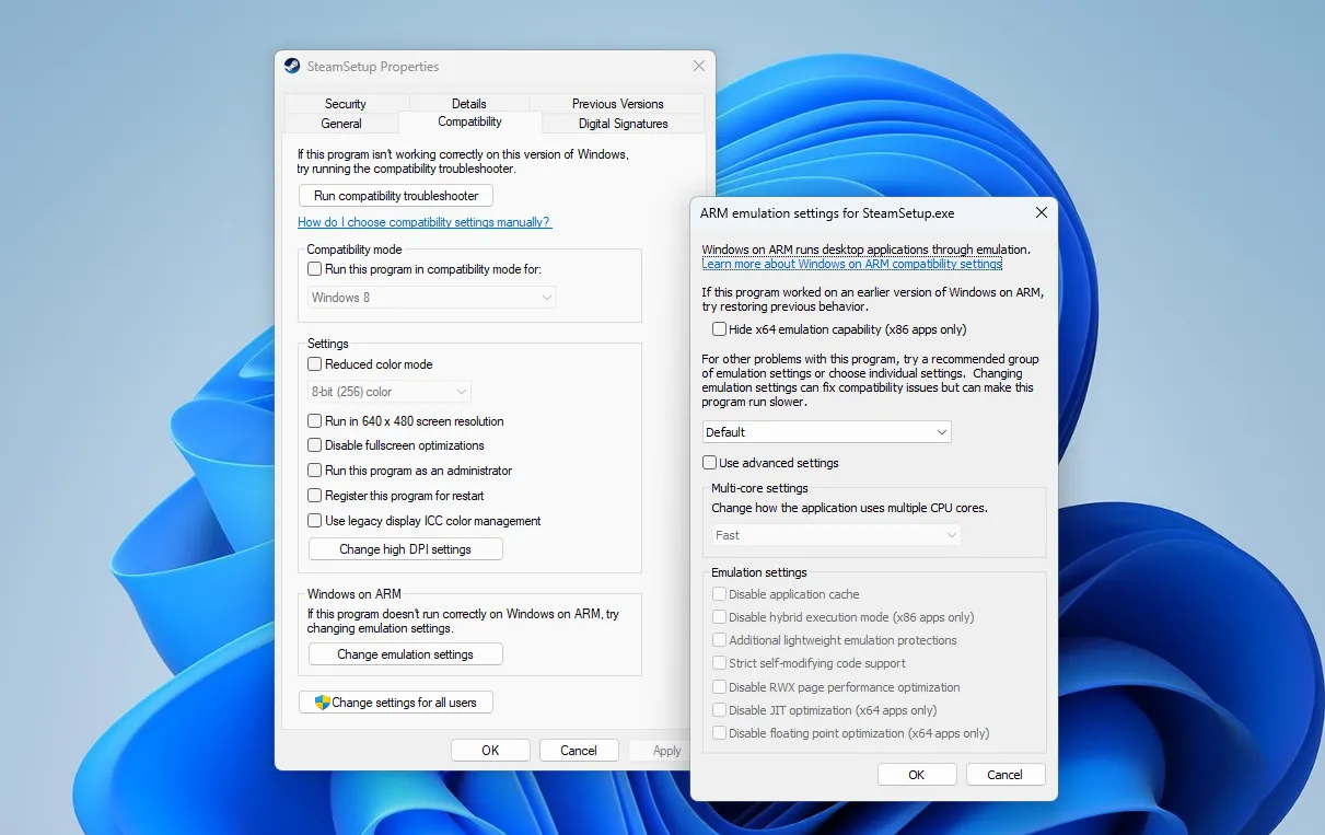 Giao diện cài đặt tương thích và giả lập phần mềm trên Windows nền Arm, thể hiện thách thức chạy ứng dụng x86.