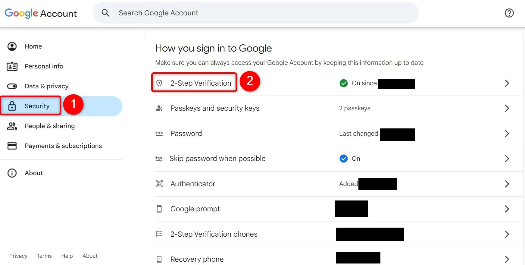 Giao diện cài đặt &quot;Xác minh 2 bước&quot; trong Google Tài khoản của tôi, hiển thị tùy chọn Mật khẩu ứng dụng