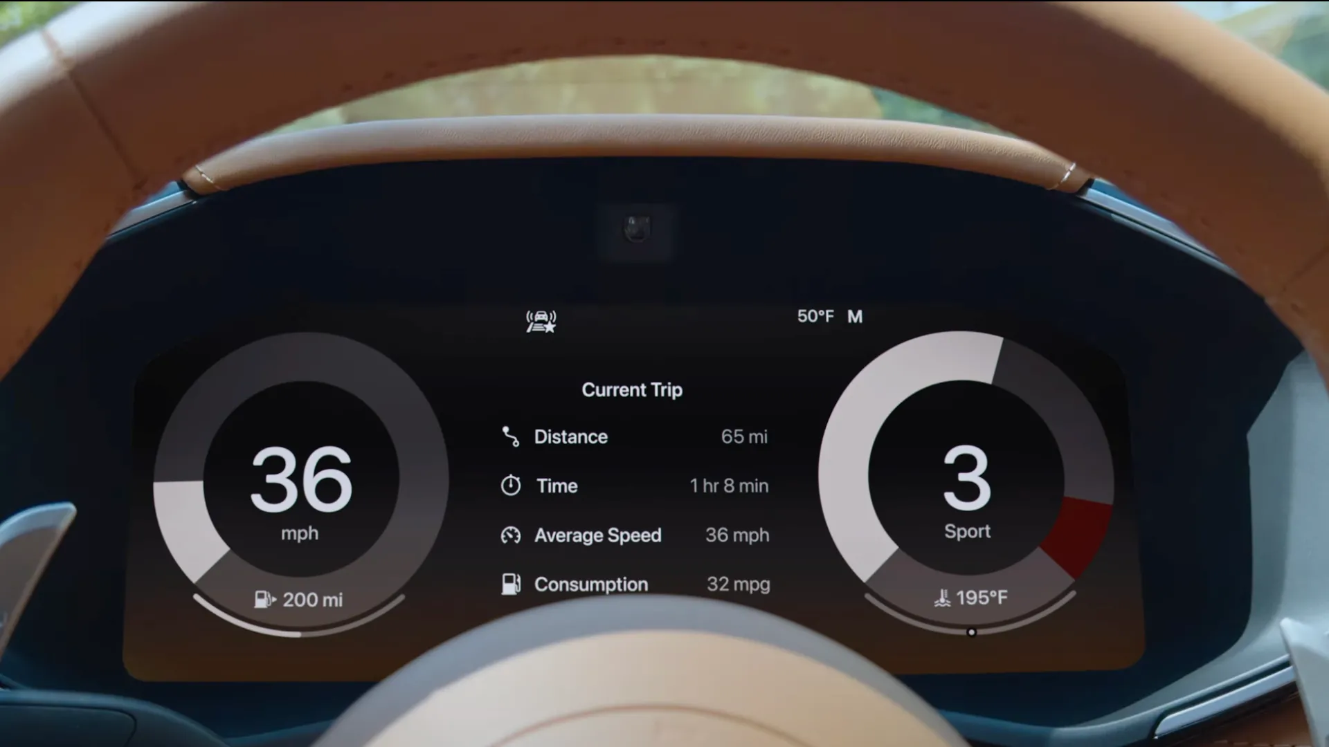 Giao diện CarPlay Ultra trên cụm đồng hồ của xe, hiển thị bản đồ và thông tin lái xe