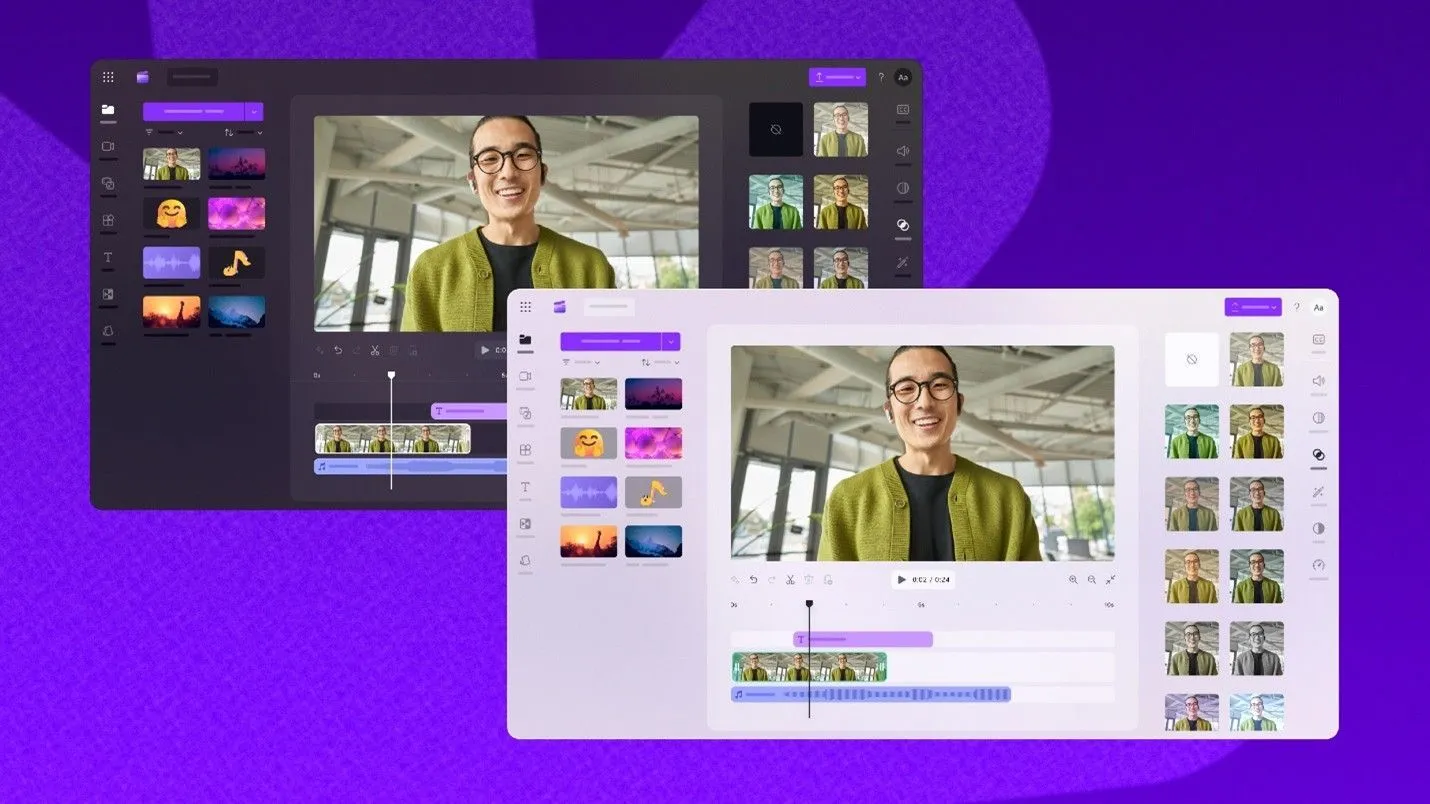 Giao diện chế độ tối và chế độ sáng trong Microsoft Clipchamp