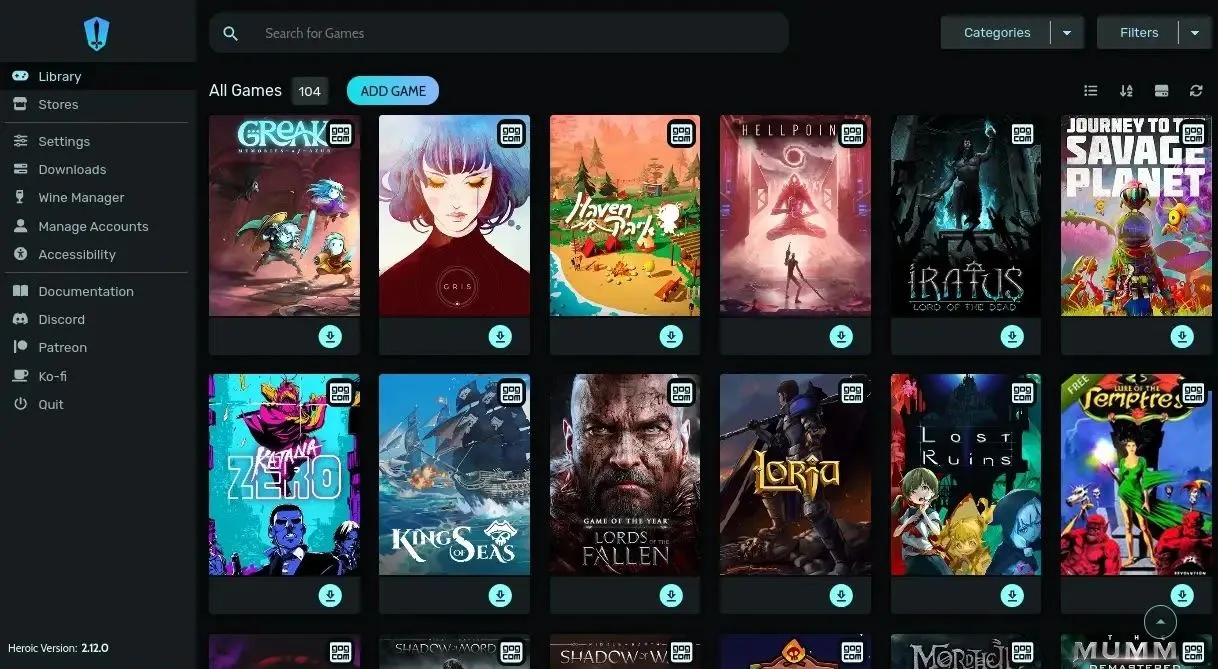 Giao diện chính của Heroic Games Launcher, một công cụ quản lý game đa nền tảng phổ biến cho người dùng Linux.