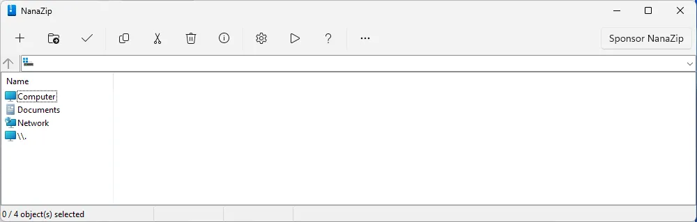 Giao diện chính của ứng dụng NanaZip trên Windows 11 hiển thị các tùy chọn quản lý tệp nén.