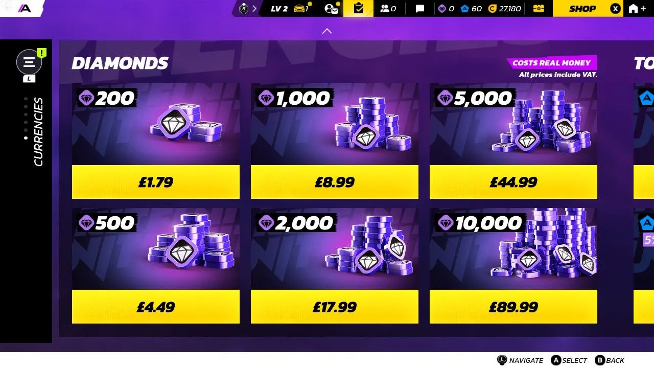 Giao diện cửa hàng trong Asphalt Legends Unite hiển thị các gói nạp tiền và vật phẩm mua sắm trong game.