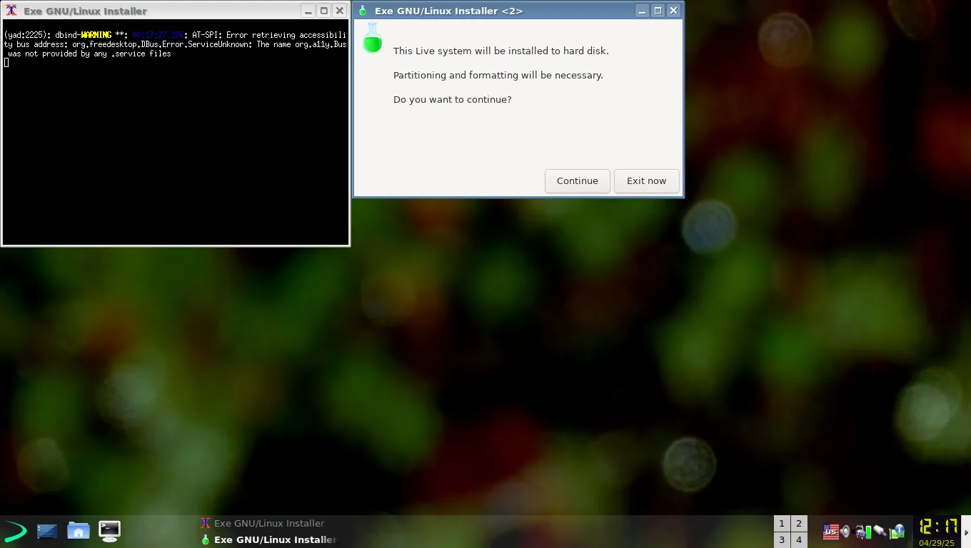 Giao diện của trình cài đặt tùy chỉnh EXE GNU/Linux, khác với trình cài đặt Debian tiêu chuẩn.