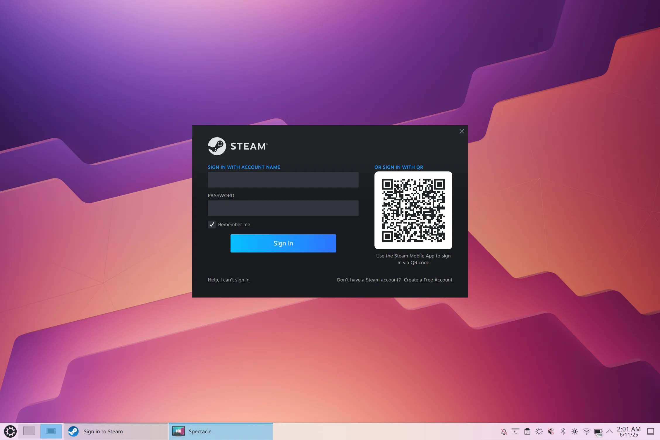 Giao diện đăng nhập Steam trên hệ điều hành Kubuntu Linux, thể hiện khả năng chơi game trên Linux