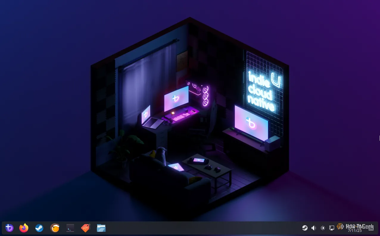 Giao diện desktop của hệ điều hành Bazzite với các biểu tượng và thanh tác vụ thân thiện