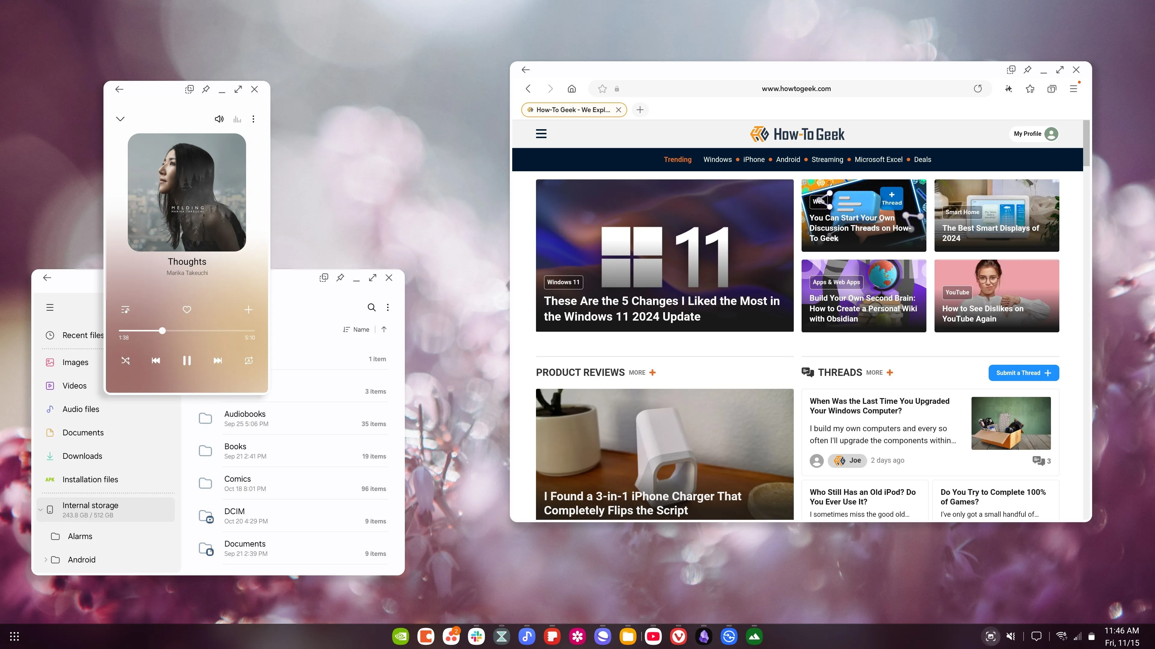 Giao diện desktop Samsung DeX với nhiều ứng dụng đang mở