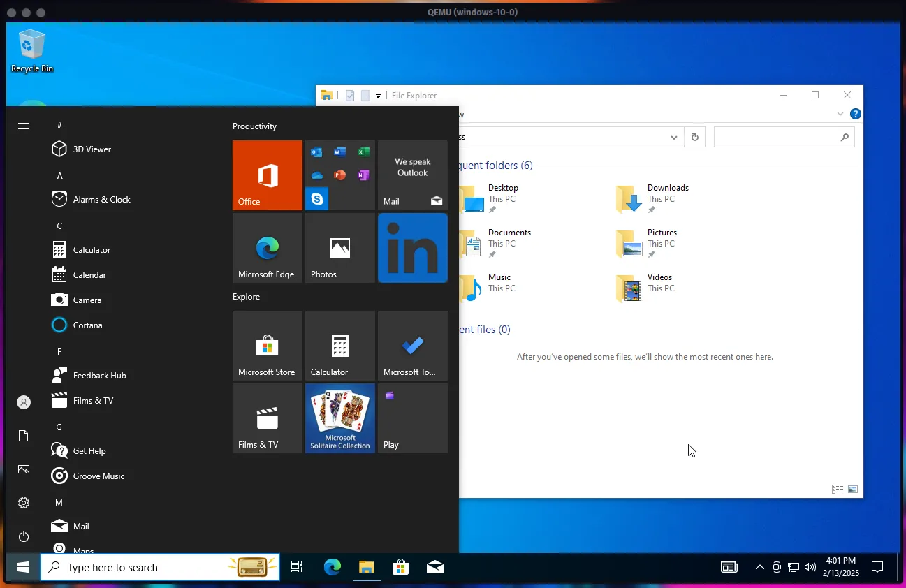 Giao diện desktop Windows 10 chạy trong cửa sổ QEMU