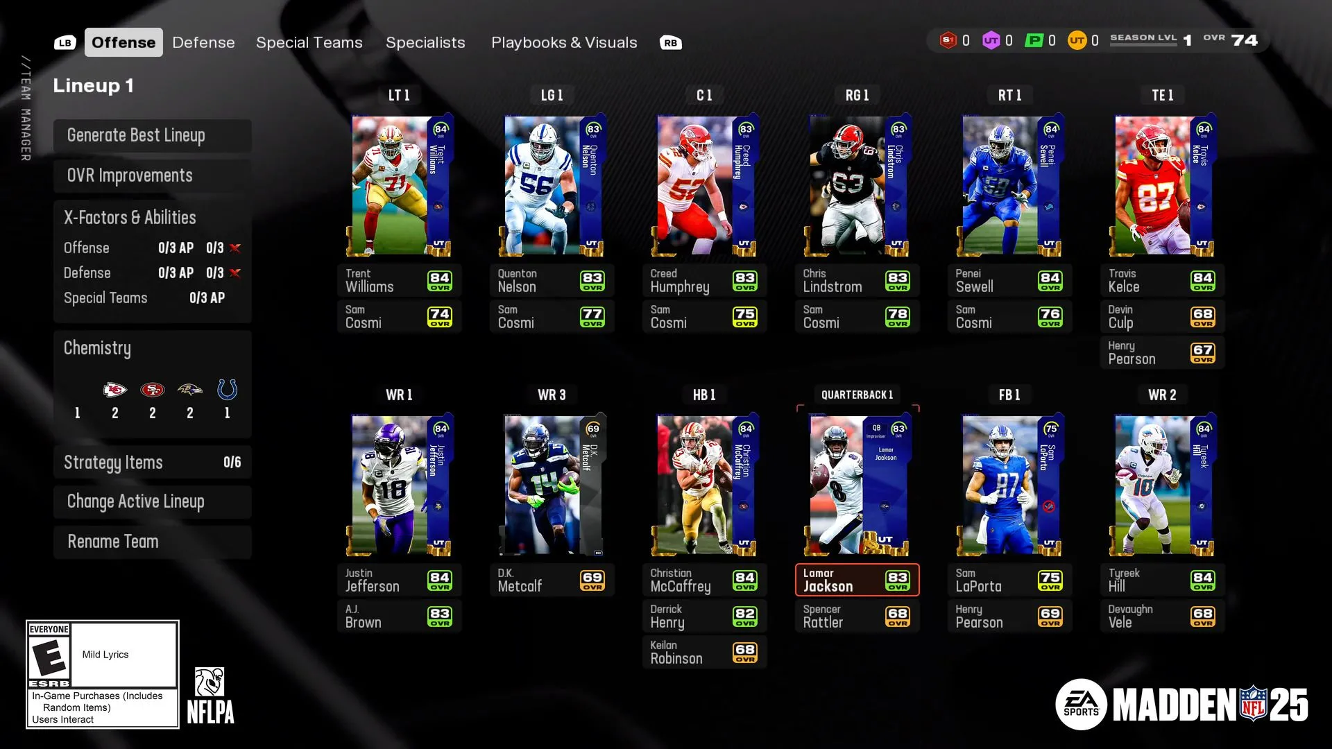 Giao diện đội hình Ultimate Team trong Madden 25, minh họa mô hình gói thẻ bài (card pack) mà EA thường sử dụng.