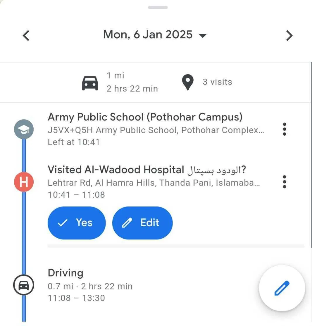 Giao diện Dòng thời gian (Your Timeline) trong Google Maps hiển thị lịch sử các địa điểm đã ghé thăm và tuyến đường đã đi vào một ngày cụ thể.