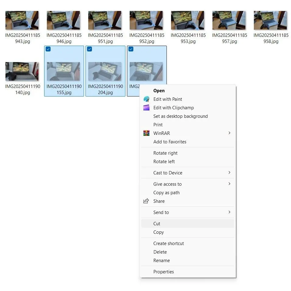 Giao diện File Explorer trong Windows hiển thị các tệp đang được cắt.