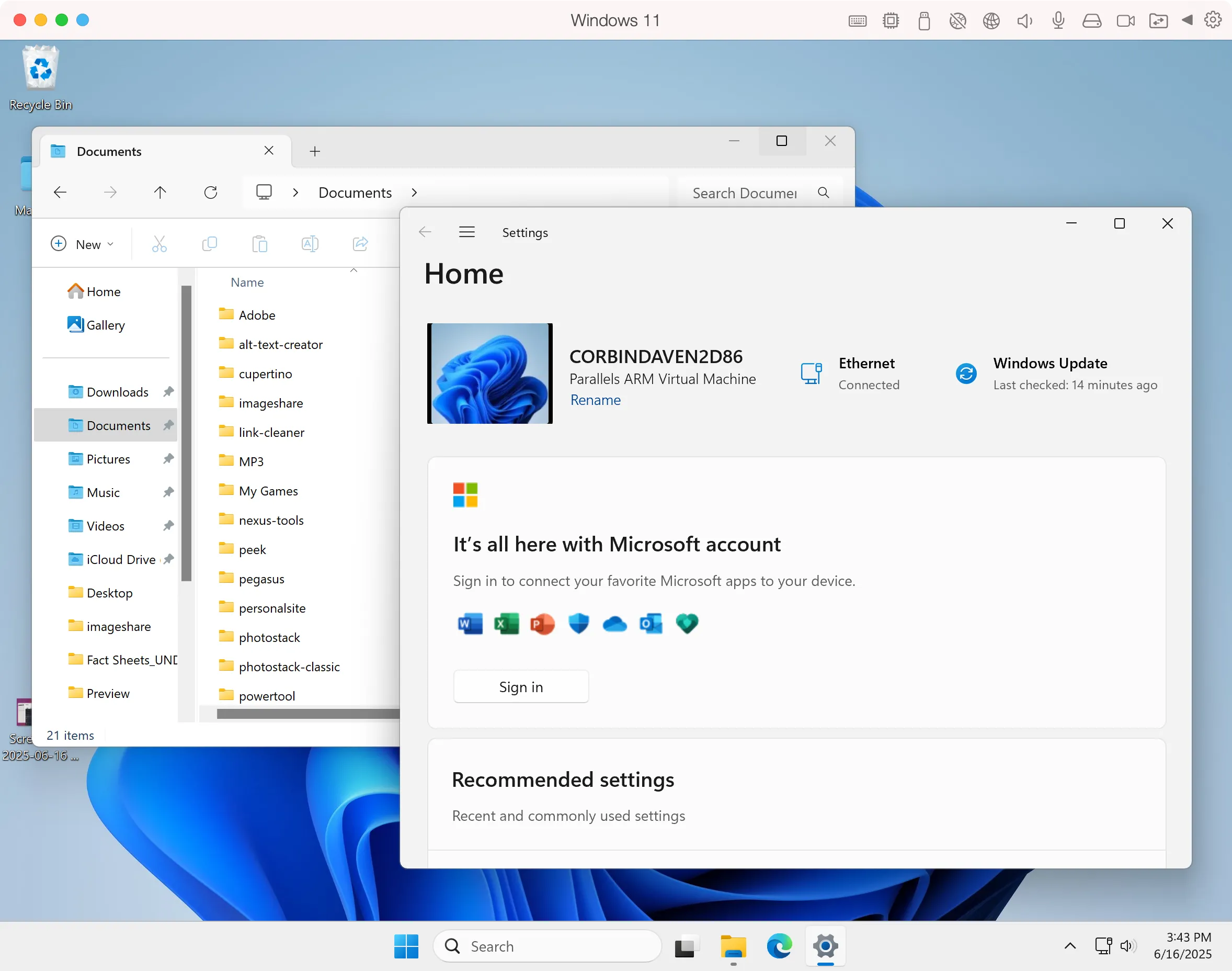 Giao diện File Explorer và ứng dụng Settings của Windows 11 đang hoạt động bên trong máy ảo Parallels Desktop trên Mac, cho thấy trải nghiệm Windows đầy đủ.