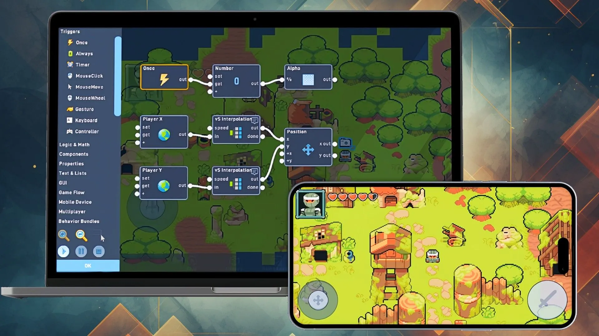 Giao diện Flowlab Game Creator hiển thị quá trình phát triển game cảnh rừng, có thể tạo game Android trực tiếp trên trình duyệt