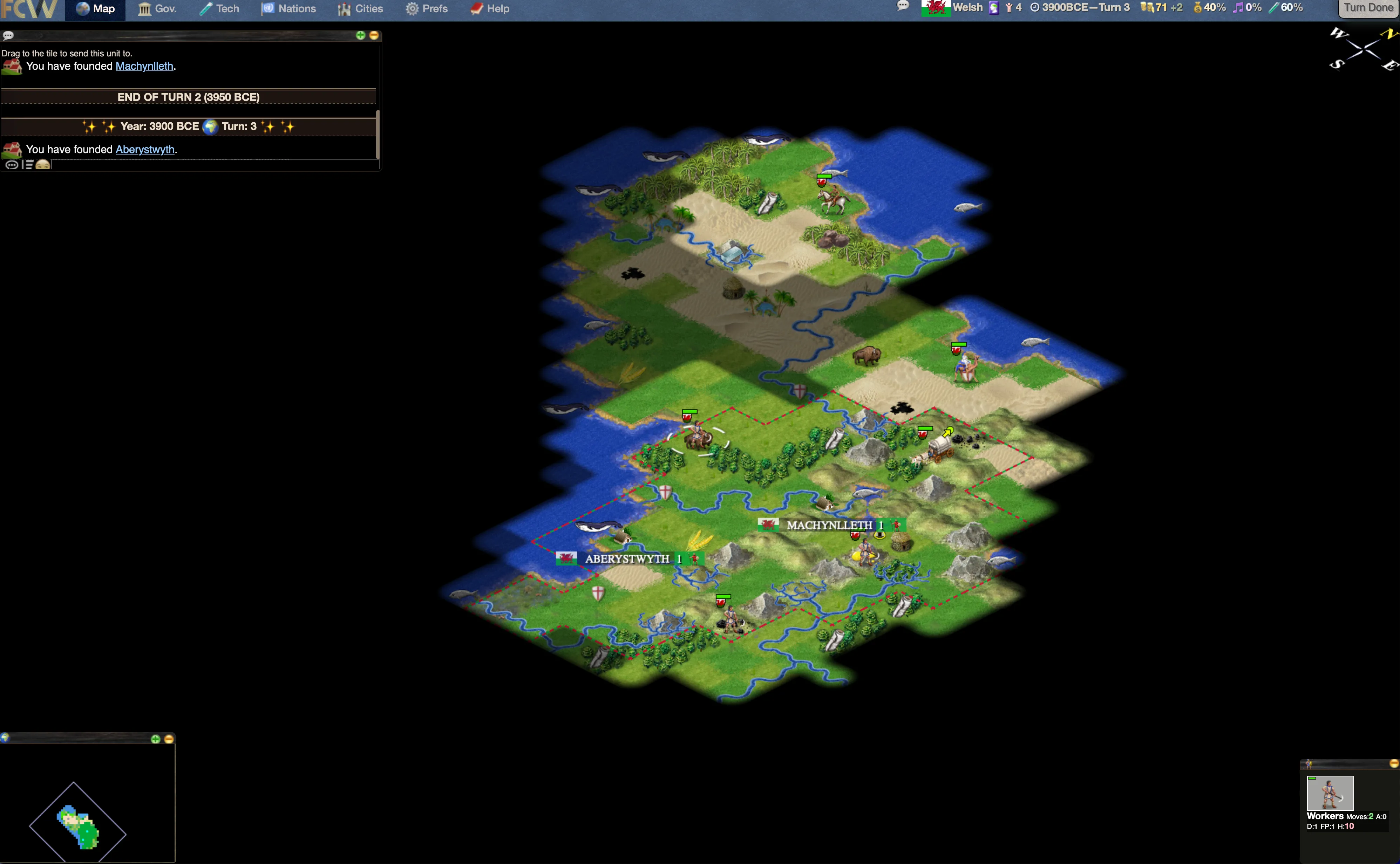 Giao diện game Freeciv đang được chơi trên trình duyệt web, hiển thị bản đồ thế giới và các thành phố đang phát triển.