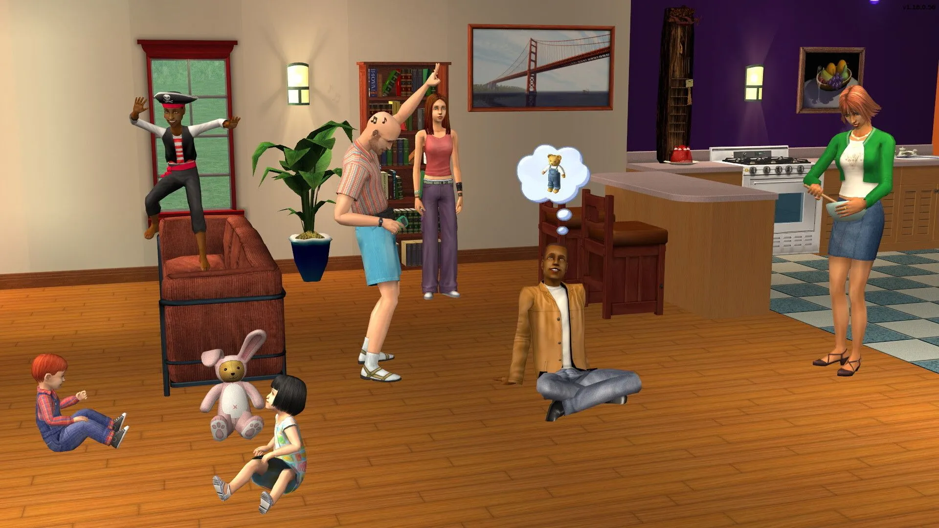 Giao diện gameplay The Sims 2 với gia đình Sims đang sinh hoạt trong ngôi nhà được thiết kế đẹp mắt, thể hiện khả năng quản lý cuộc sống ảo.