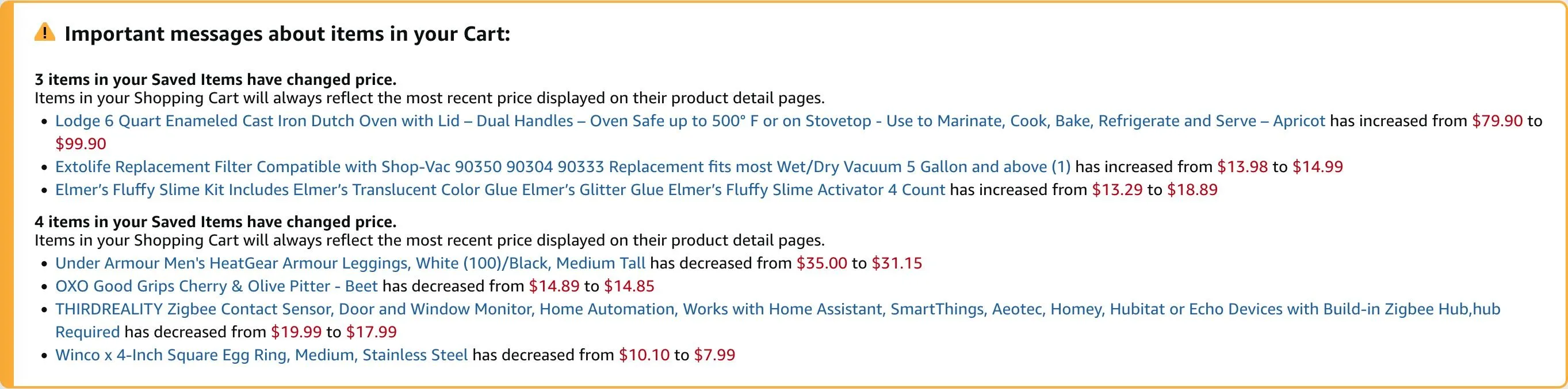 Giao diện giỏ hàng Amazon hiển thị thông báo thay đổi giá sản phẩm giúp săn deal Prime Day hiệu quả