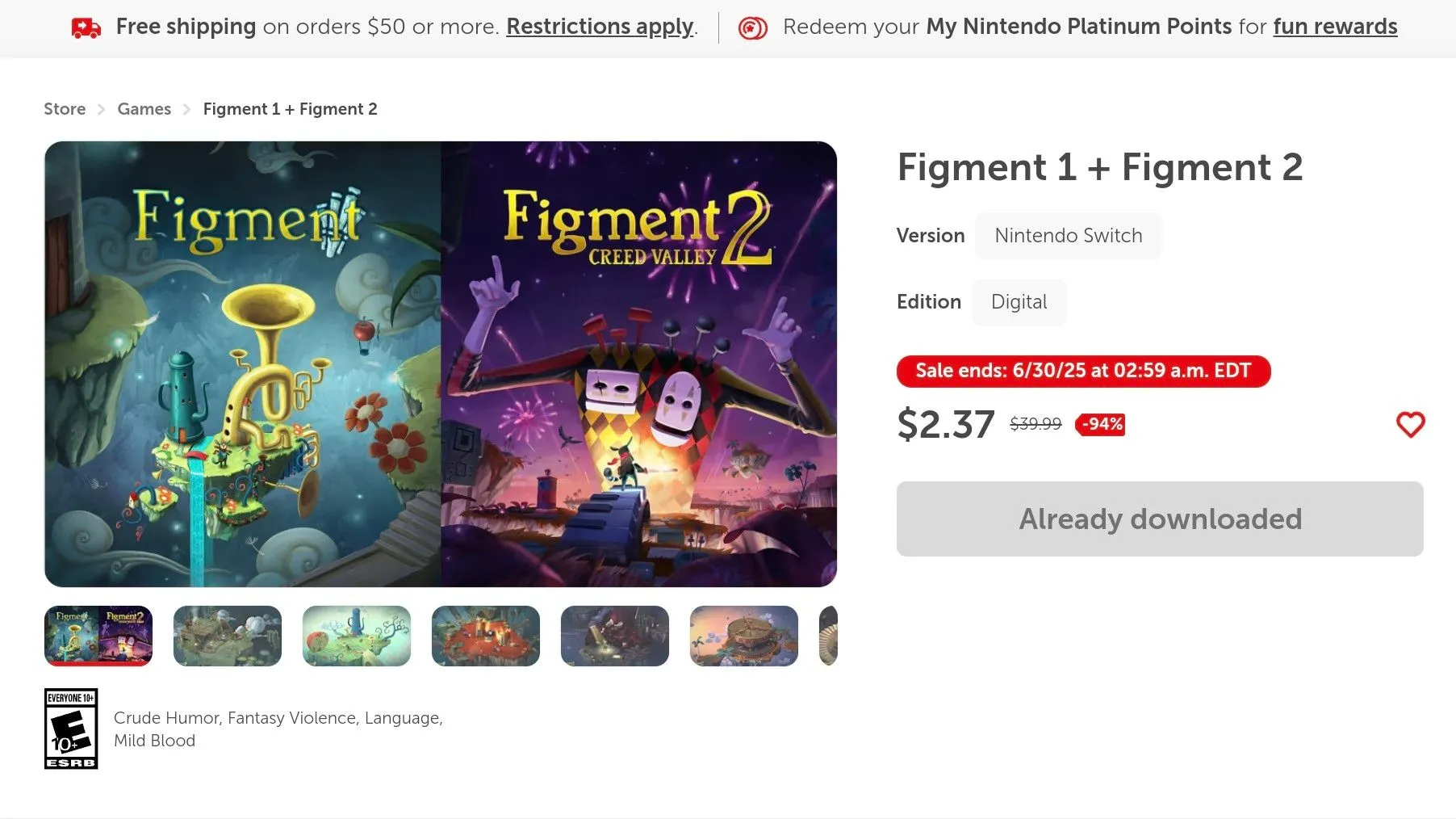 Giao diện gói game Figment 1 &amp; 2 đang giảm giá trên cửa hàng Nintendo eShop, cho thấy mức ưu đãi hấp dẫn cho game thủ Switch.