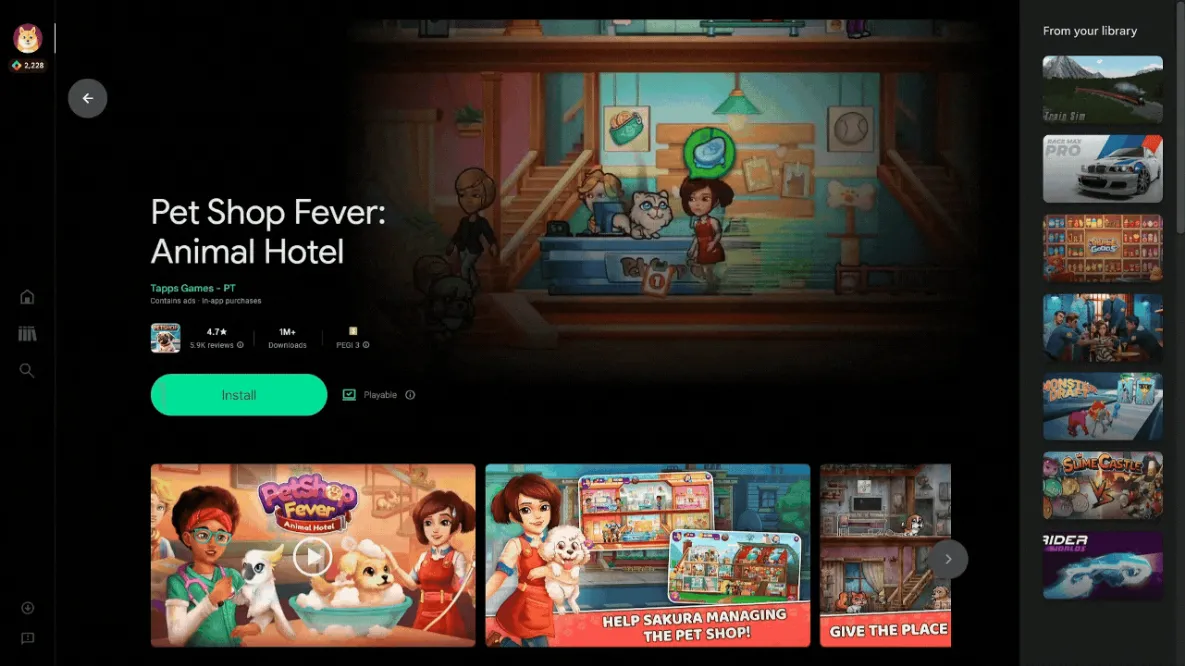 Giao diện Google Play Games trên PC, minh họa các game di động có sẵn để chơi trên máy tính.