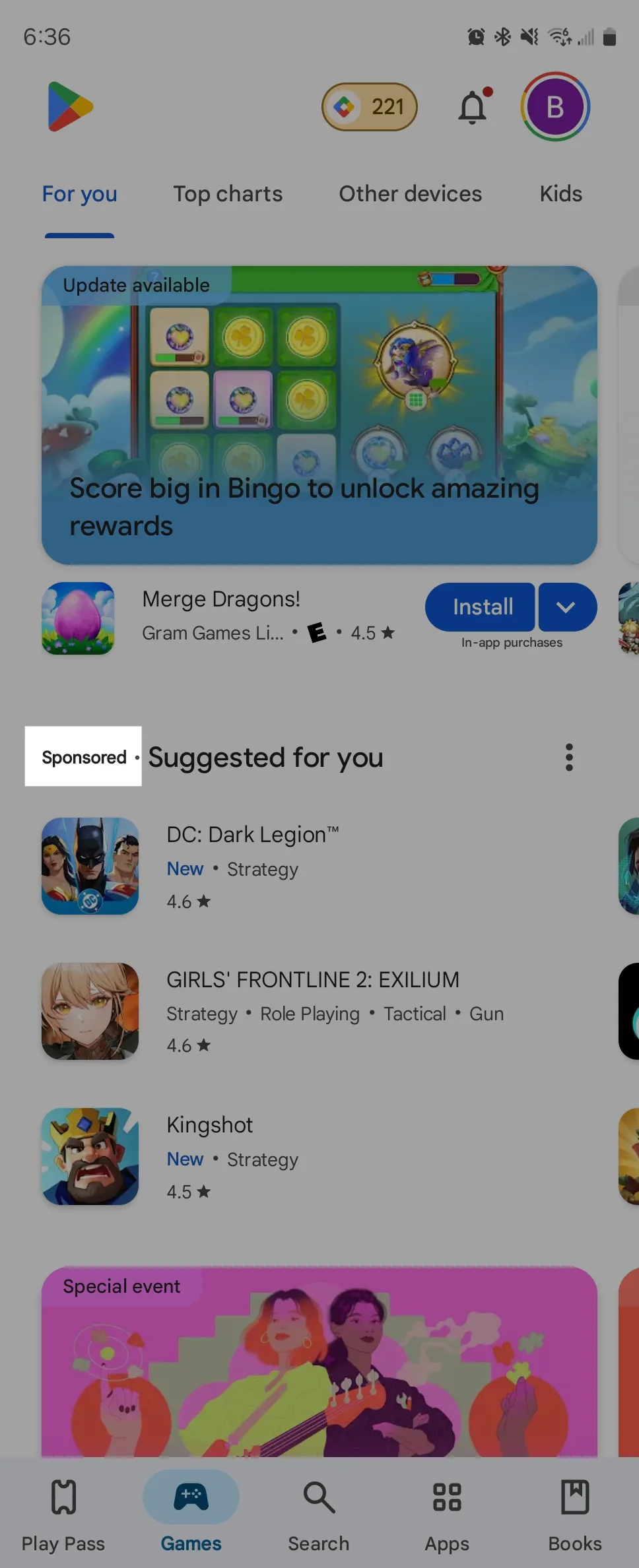 Giao diện Google Play Store hiển thị các trò chơi được tài trợ dưới dạng danh sách tìm kiếm thông thường.