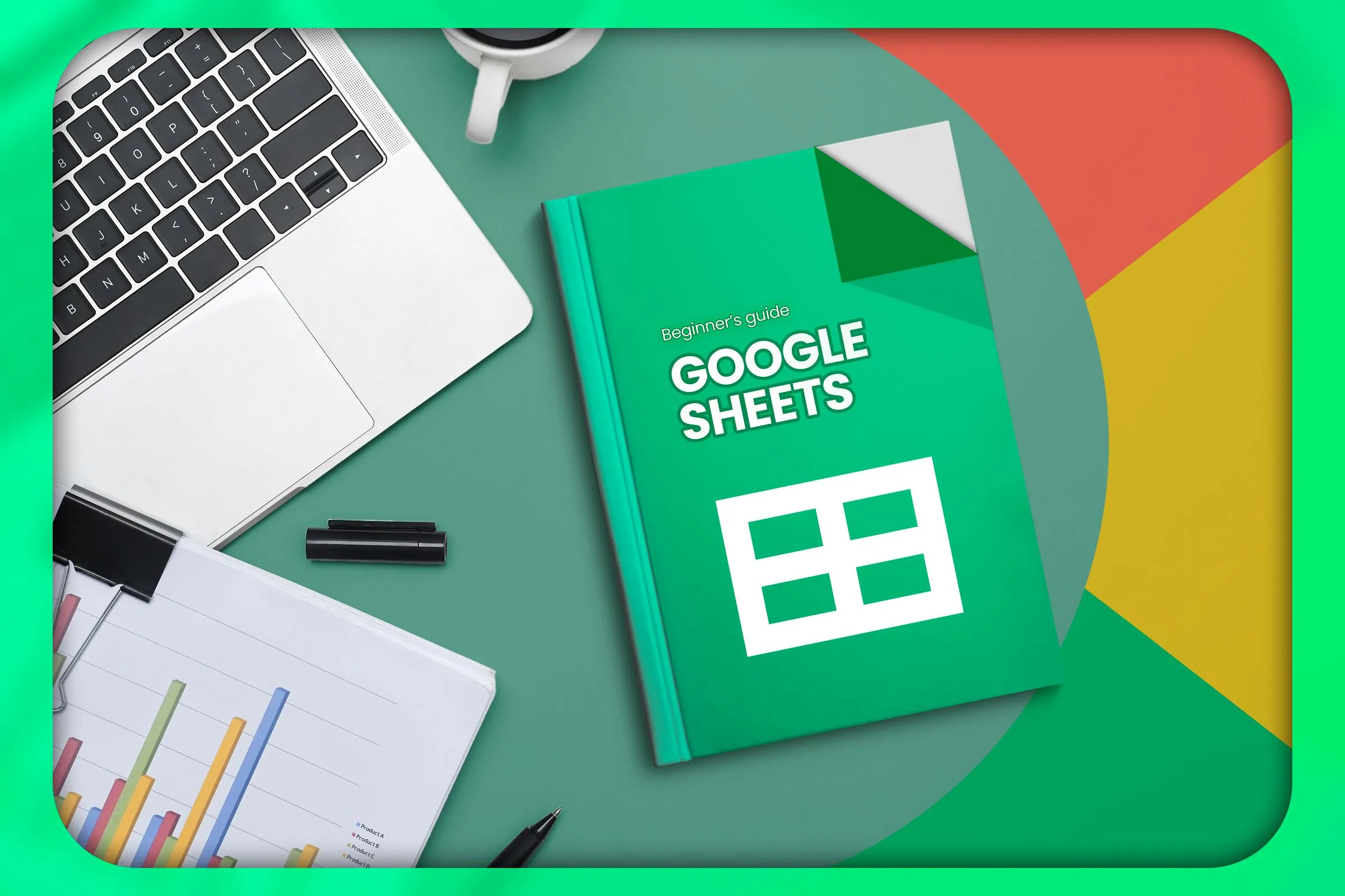 Giao diện Google Sheets trên máy tính xách tay với biểu đồ và sách hướng dẫn, minh họa các hàm xử lý dữ liệu.