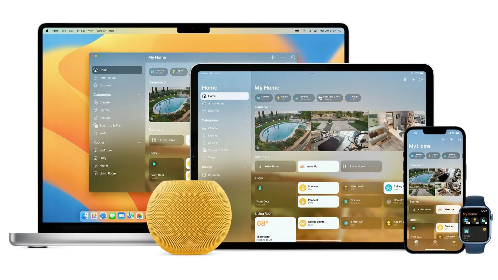 Giao diện HomeKit Secure Video trên các thiết bị Apple như Mac, iPhone, iPad và Apple Watch