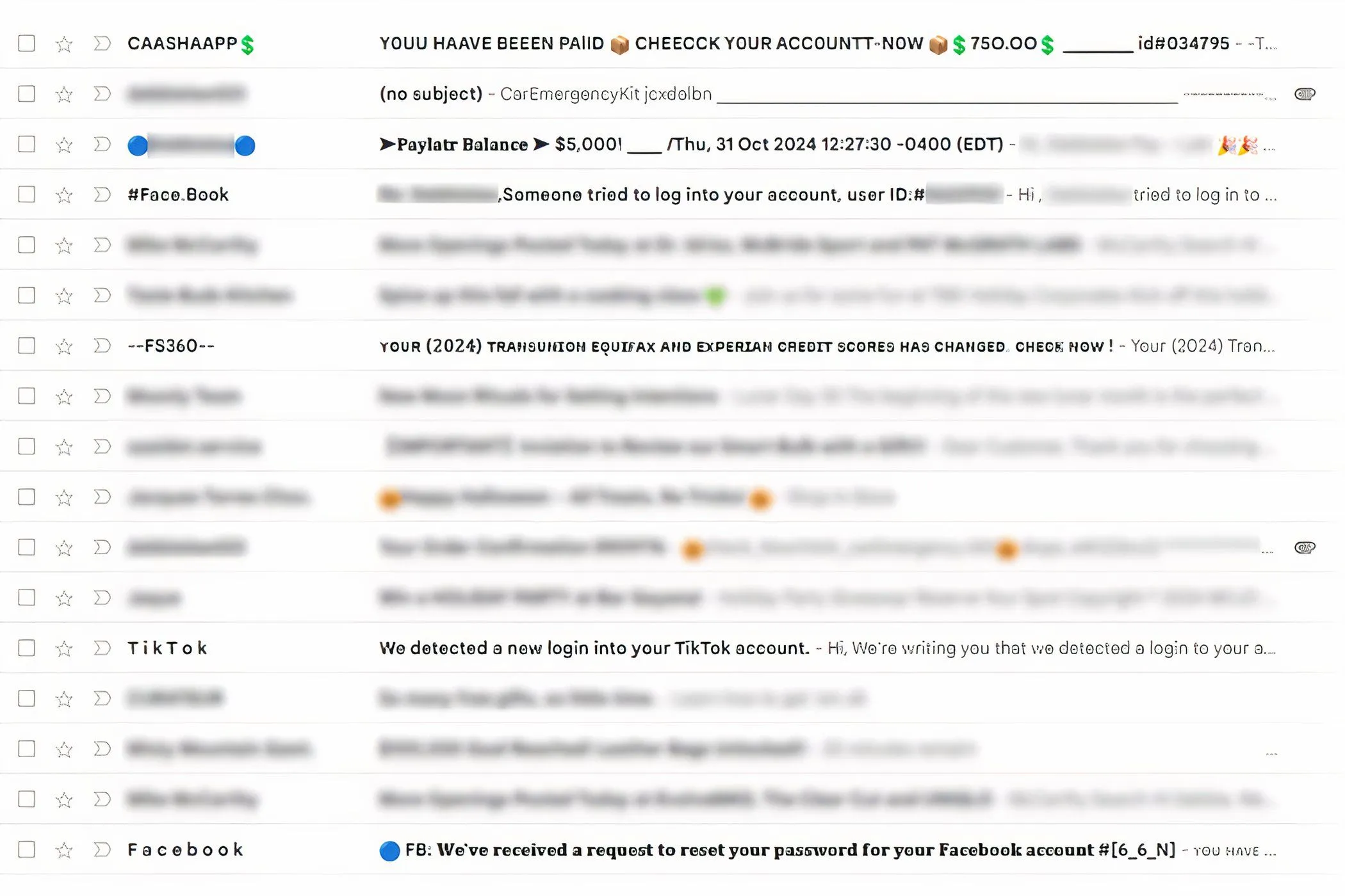 Giao diện hộp thư đến của Gmail với các tin nhắn được đánh dấu spam, minh họa tầm quan trọng của các bộ lọc thư rác trong việc bảo vệ người dùng khỏi email giả mạo.