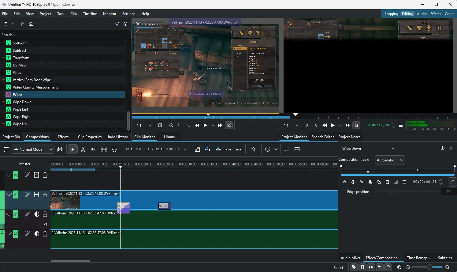 Giao diện Kdenlive đang chỉnh sửa footage Valheim, thể hiện tính năng biên tập video chuyên nghiệp