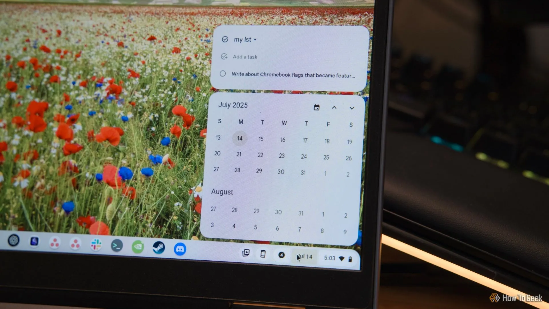 Giao diện lịch và danh sách công việc Google Tasks tích hợp trong khay hệ thống ChromeOS.