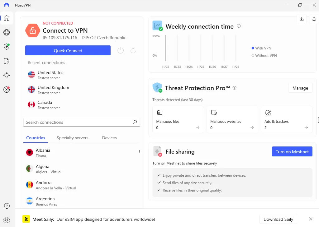 Giao diện màn hình chính NordVPN trên Windows