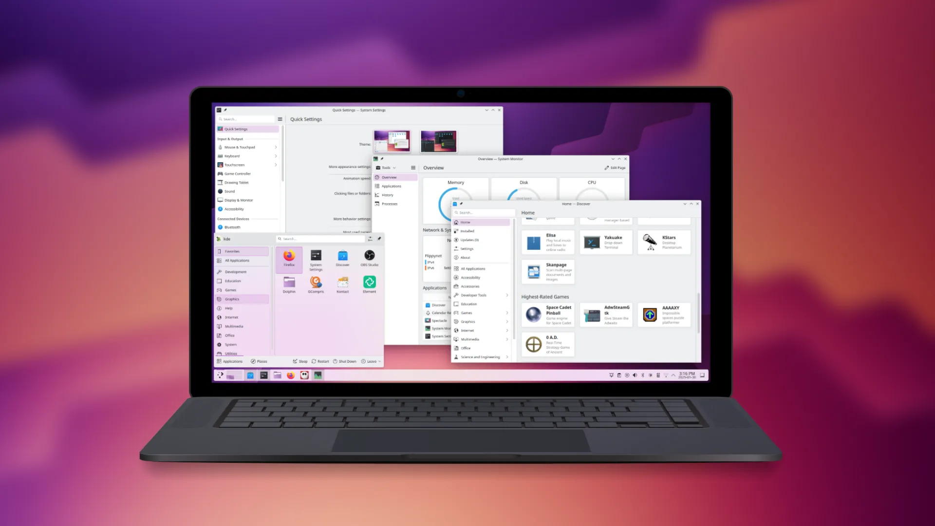 Giao diện màn hình KDE Plasma desktop trên laptop với hình nền gradient tím vàng, thể hiện khả năng tùy biến sâu rộng của hệ điều hành Linux.