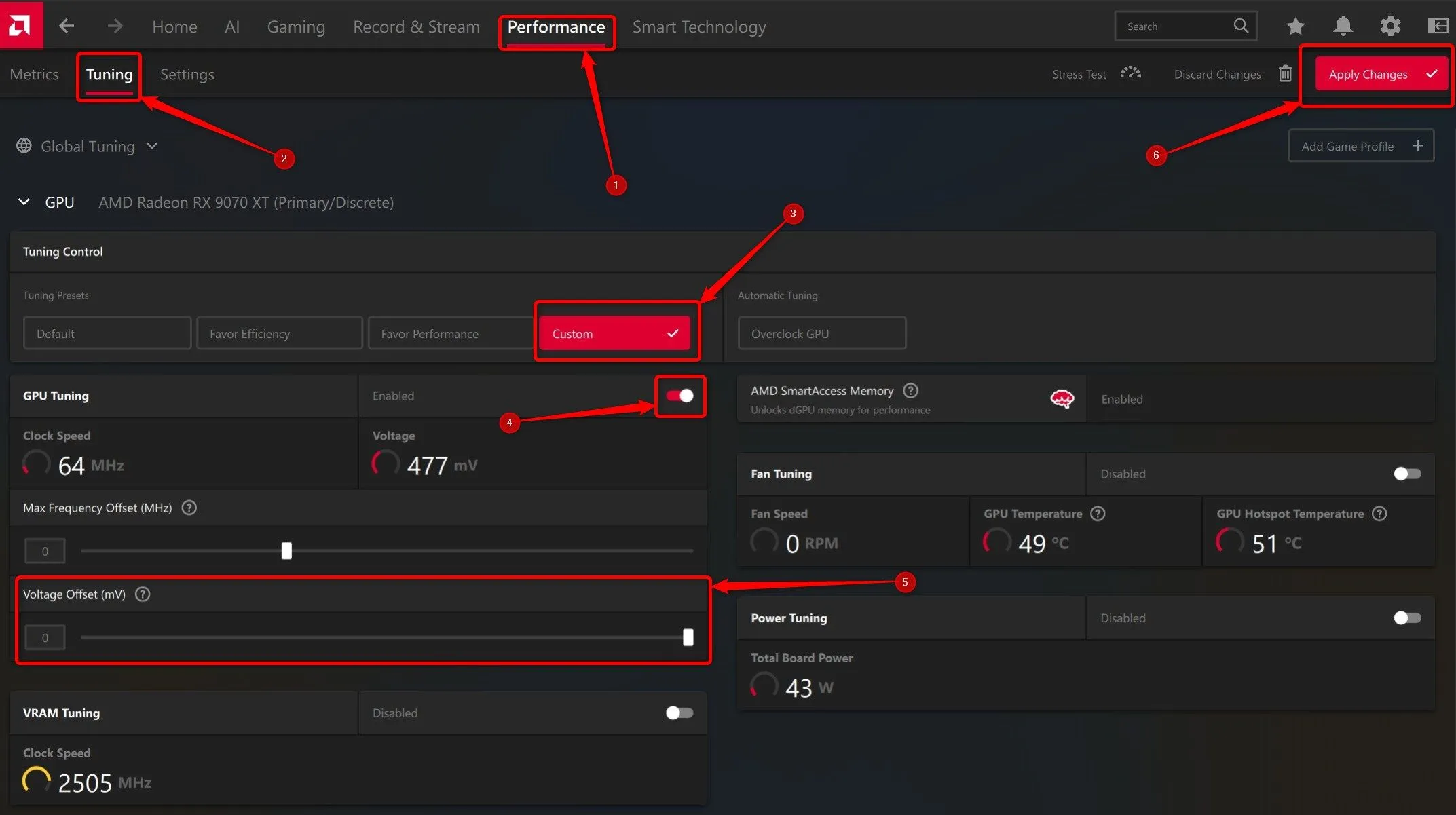 Giao diện menu điều chỉnh hiệu năng (Performance Tuning) trong AMD Software: Adrenalin Edition để undervolt GPU AMD