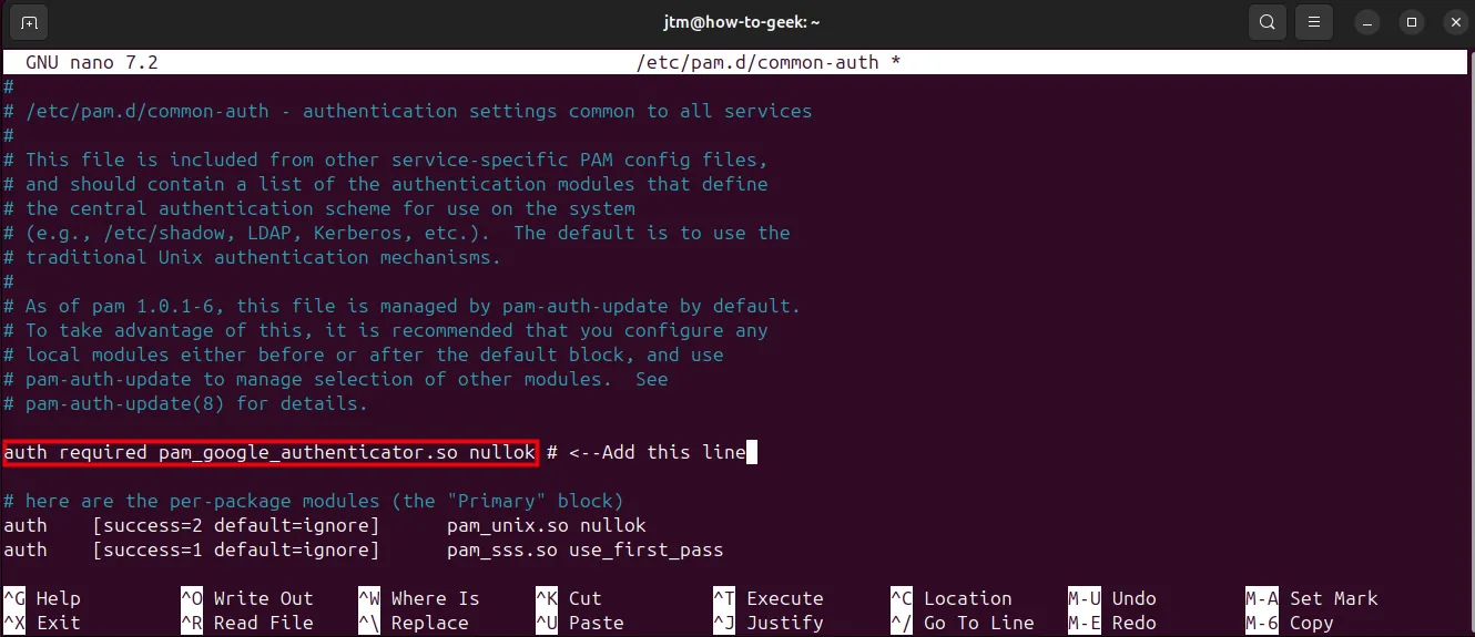 Giao diện Nano editor hiển thị dòng cấu hình pam_google_authenticator.so được thêm vào file common-auth của Ubuntu.