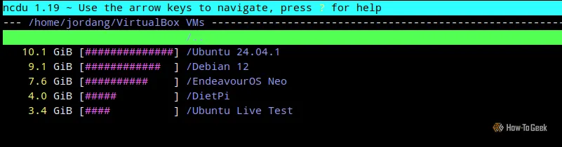 Giao diện ncdu trên Terminal Linux hiển thị các thư mục con của VirtualBox, minh họa máy ảo là một trong những nguyên nhân chiếm dung lượng lớn.