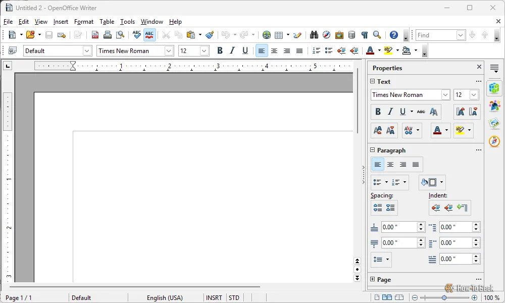 Giao diện người dùng của Apache OpenOffice Writer, thể hiện thanh công cụ tiêu chuẩn và menu tùy chỉnh ở bên phải.