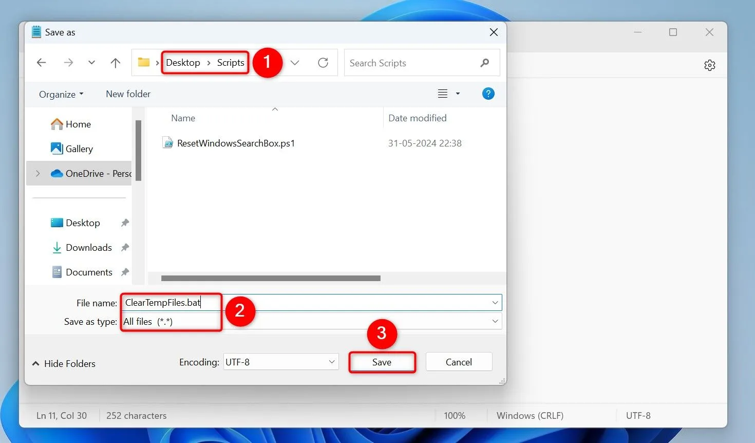 Giao diện Notepad đang lưu file script "ClearTempFiles.bat" để tự động xóa file tạm trên Windows 11.